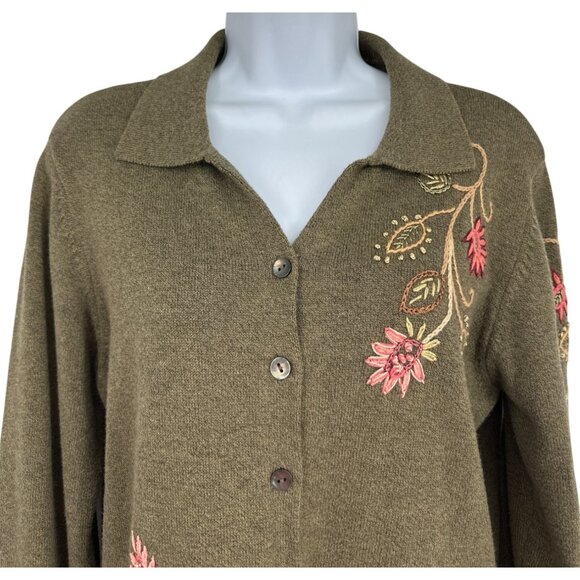 Talbots Floral Embroidered Button-Up Olive Green Long Sleeve Cardigan SizeM - Picture 6 of 11